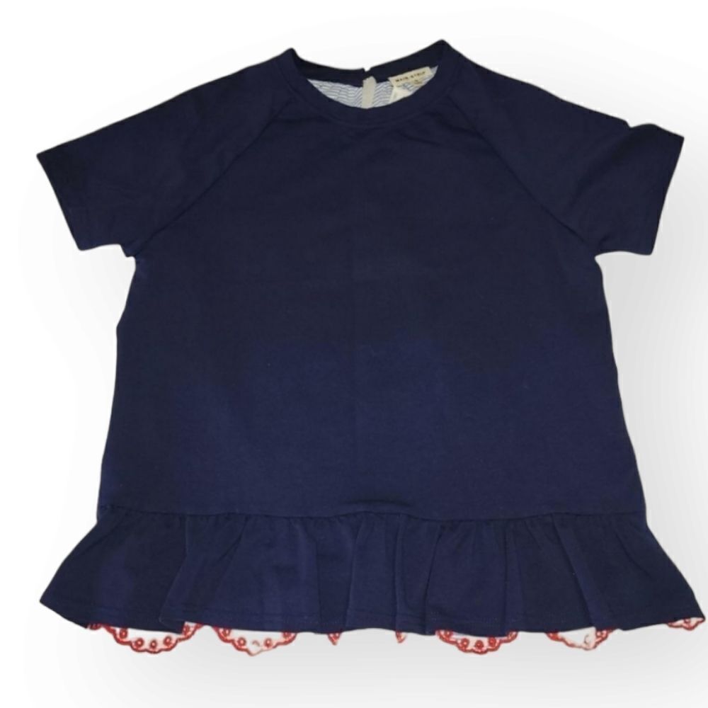 Main Strip Navy Cotton‎ Blend Top with Striped Floral Back Women's Size S